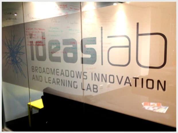 Ideas Lab, Broadmeadows Innovation and Learning Lab signage on a glass meeting room wall