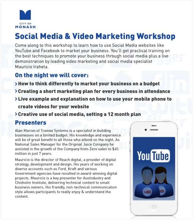 City of Monash flyer for the Social Media and Video Marketing Workshop presented by Reach Digital