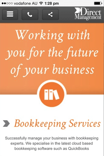 Direct Management bookkeeping website mobile homepage