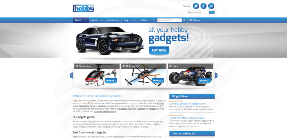 Hobby Tech ecommerce website desktop homepage