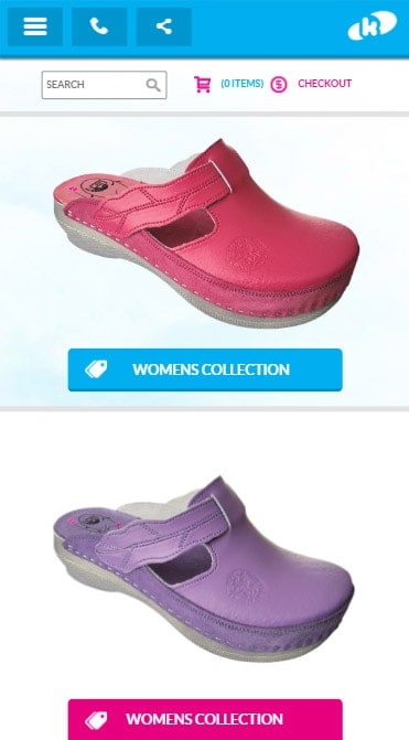 Klogs of Leon ecommerce website mobile homepage