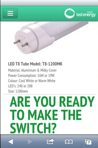 LED Energy Save website mobile product browsing screen