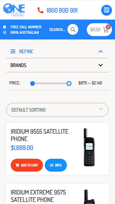One Planet Communications ecommerce website mobile product filtering screen