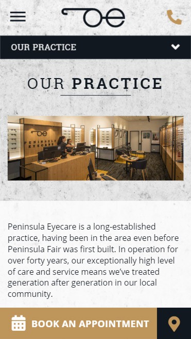Peninsula Eyecare optometry website mobile practice page